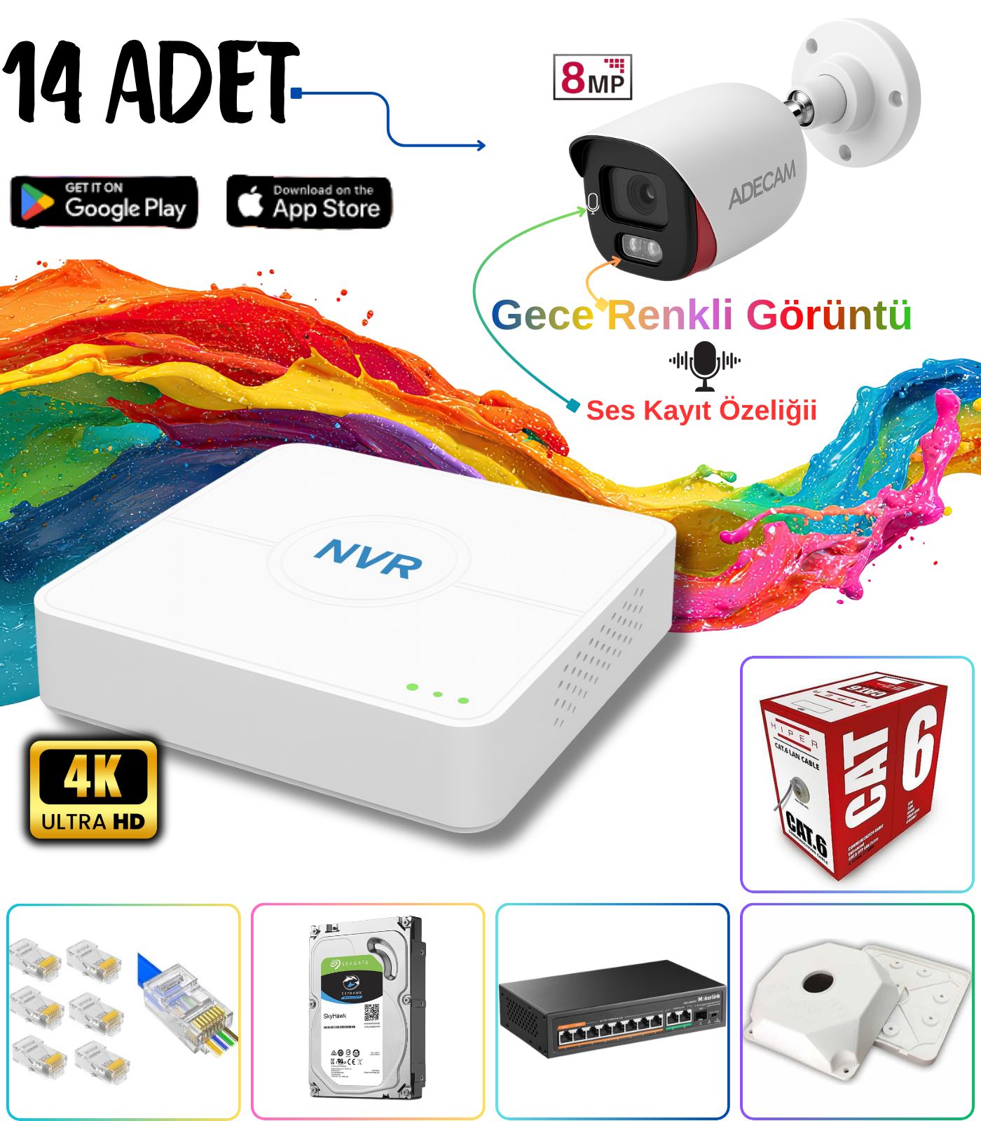 Adecam 14’lü Full HD IP Güvenlik Kamera Sistemi – Gece Renkli & Sesli Set + 30 Gün Kayıt, Cepten İzleme