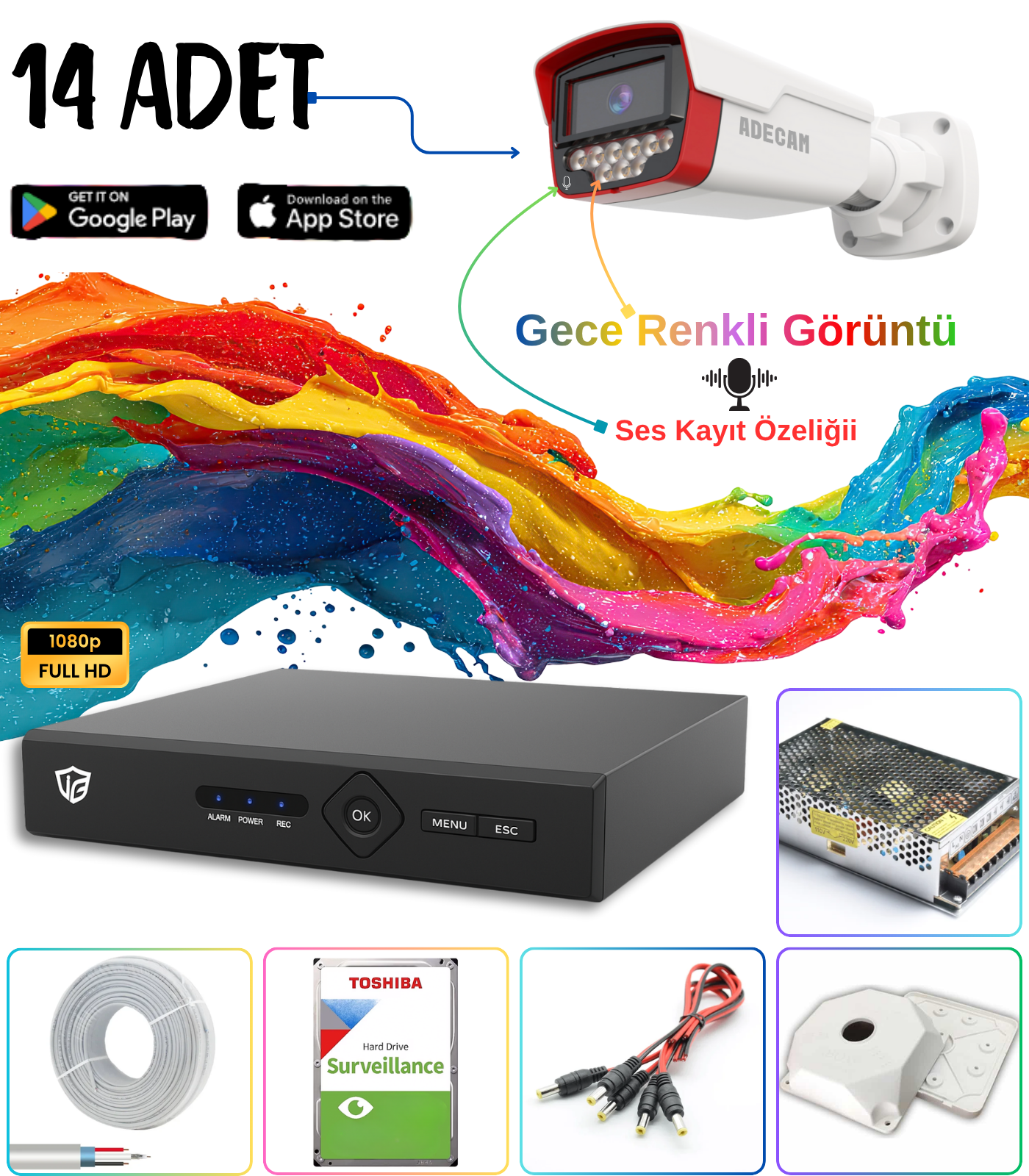 Adecam 14’lü Full HD AHD Güvenlik Kamera Sistemi – Gece Renkli & Sesli Set + 30 Gün Kayıt, Cepten İzleme