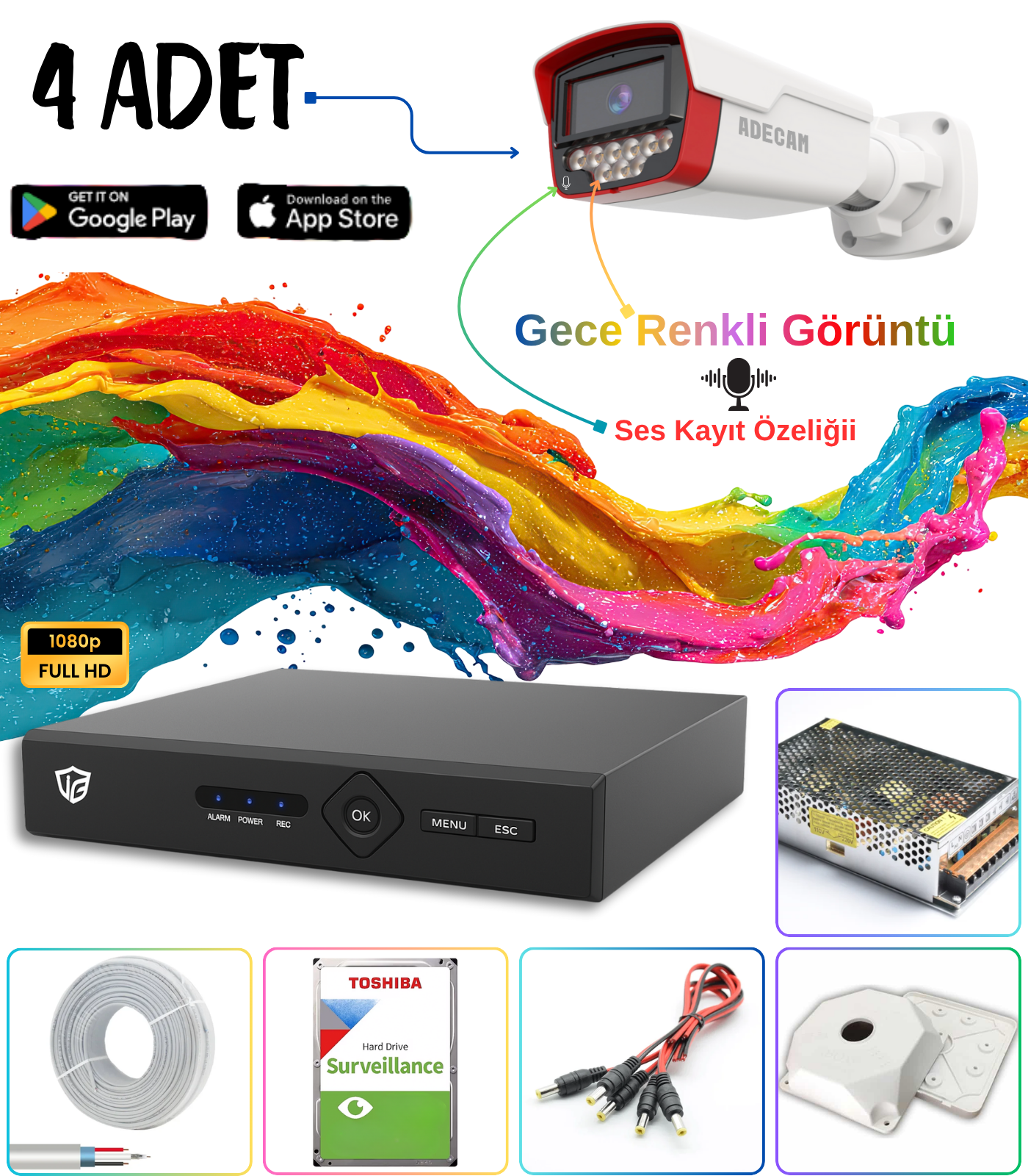 Adecam 4’lü Full HD AHD Güvenlik Kamera Sistemi – Gece Renkli & Sesli Set , Cepten İzleme