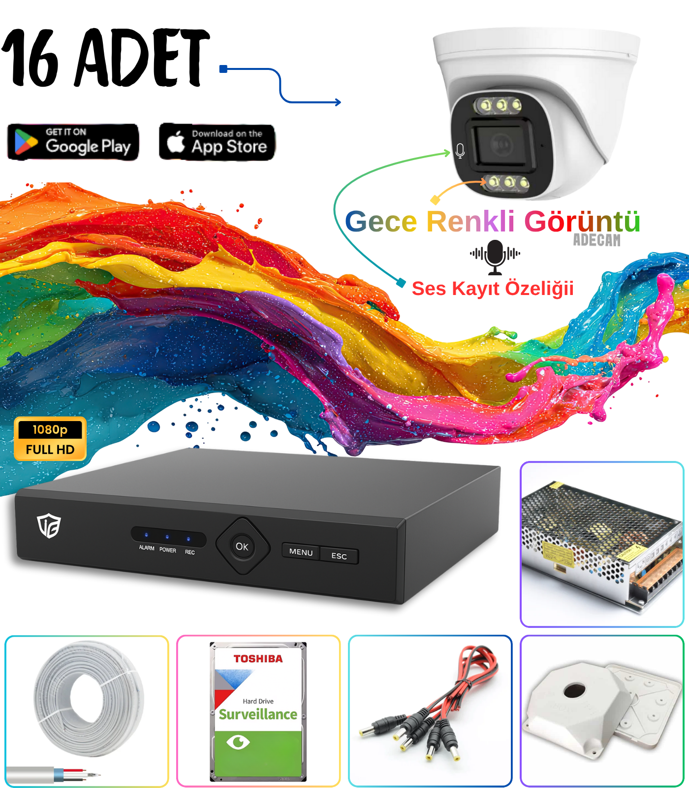 Adecam 16’lı Full HD AHD Güvenlik Kamera Sistemi + 30 Gün Kayıt, Cepten İzleme – Gece Renkli & Sesli Set