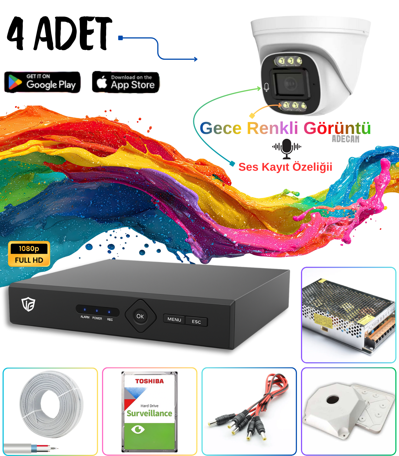 Adecam 4’lü Full HD AHD Güvenlik Kamera Sistemi , Cepten İzleme – Gece Renkli & Sesli Set