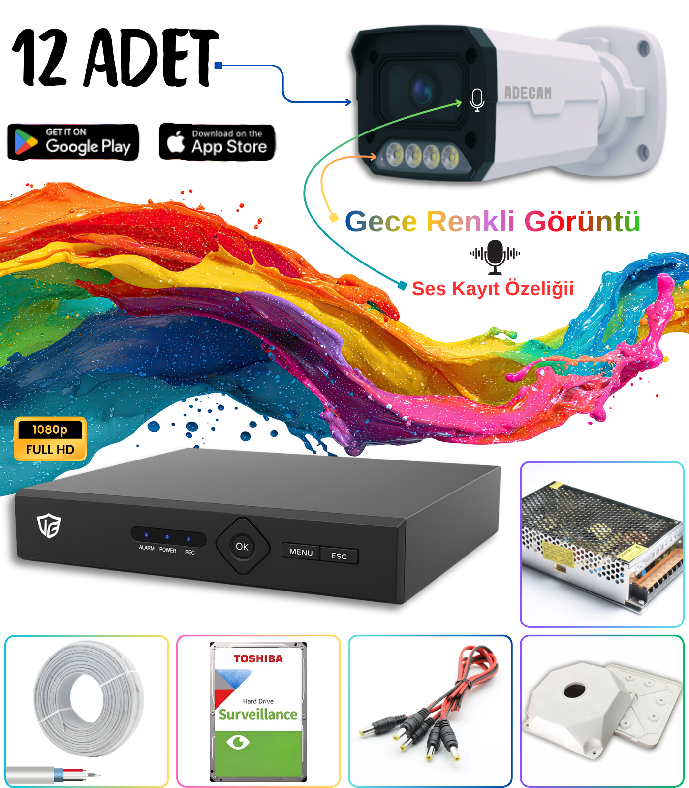 Adecam 12’li Full HD AHD Güvenlik Kamera Sistemi Cepten İzleme – Gece Renkli & Sesli Set + 30 Gün Kayıt