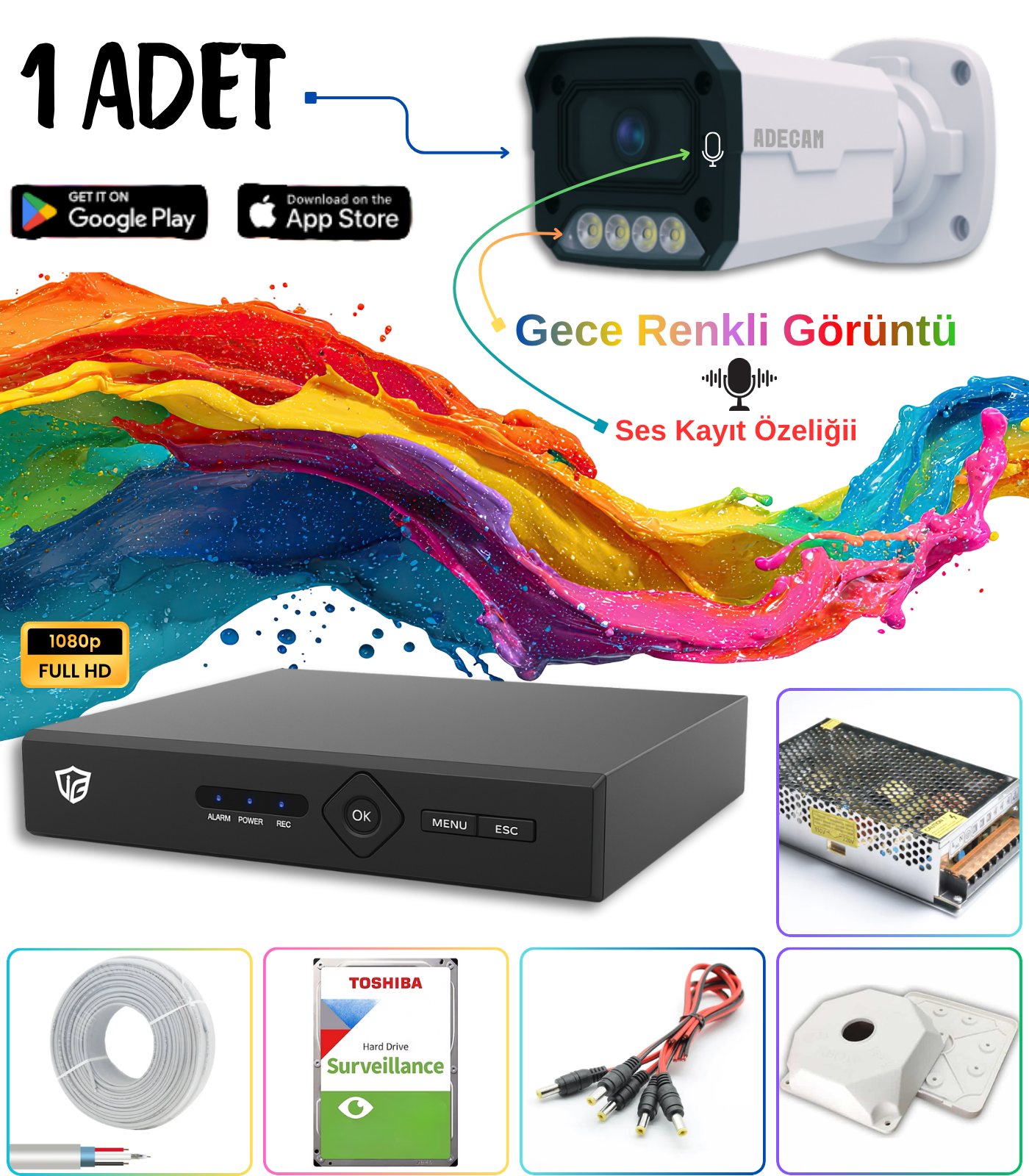 Adecam 1’li Full HD AHD Güvenlik Kamera Sistemi Cepten İzleme – Gece Renkli & Sesli Set + 30 Gün Kayıt